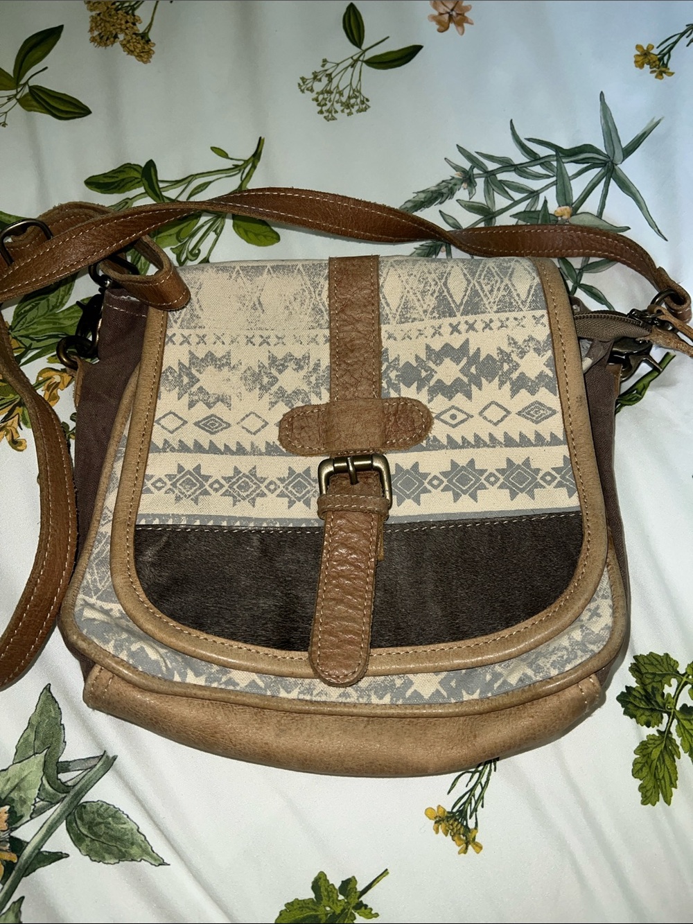 Women's Patterned Canvas and Leather Crossbody Bag - Brown/Tan — Myra Bag